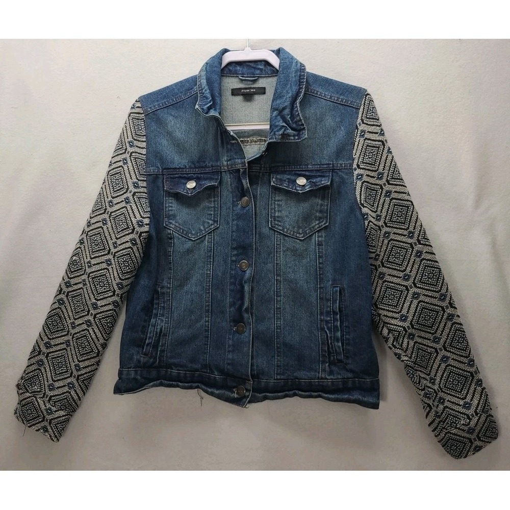 Paper Tee Denim Jacket with Woven Geometric Pattern Sleeves Sz Lg Hobo Hippie